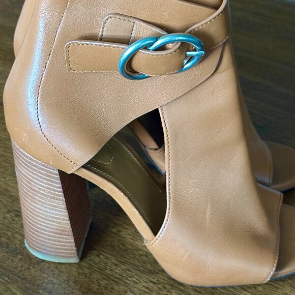 Chloe | Millie Peep Toe Bootie Tan Leather Heels Shoes - Picture 5 of 8